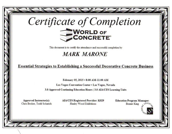 World Of Concrete Certificate Mark Marone