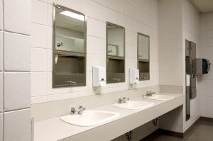 concrete floors and countertops, mirrors washroom