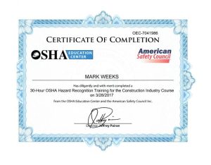 OSHA Certificate Mark Weeks